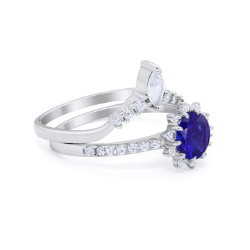 Two Piece Art Deco Bridal Set Ring Band Round Simulated Blue Sapphire CZ 925 Sterling Silver